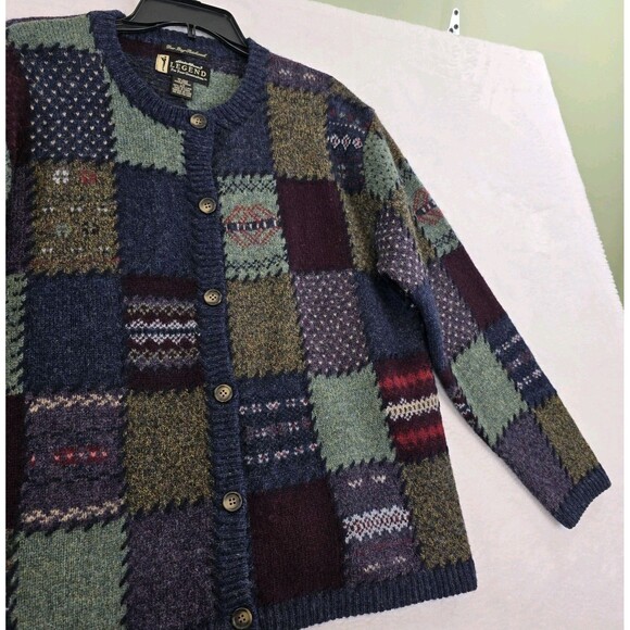 Eddie Bauer Wool Sweater Womens L Multi Color Deer Bay Patchwork Cardigan USA - Picture 6 of 12